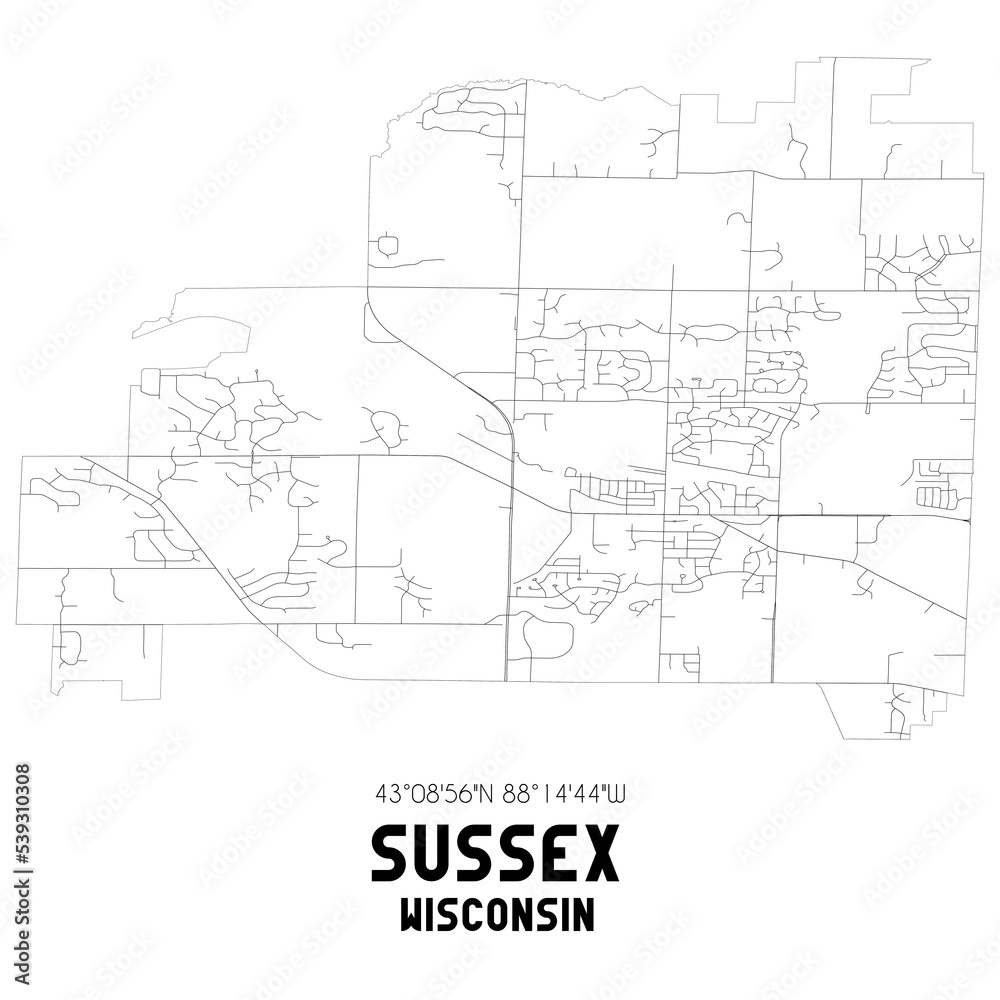 Sussex Wisconsin. US street map with black and white lines.