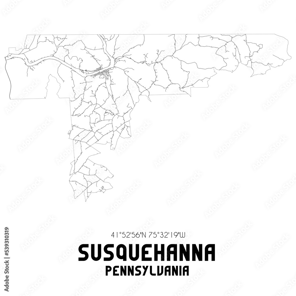 Susquehanna Pennsylvania. US street map with black and white lines.
