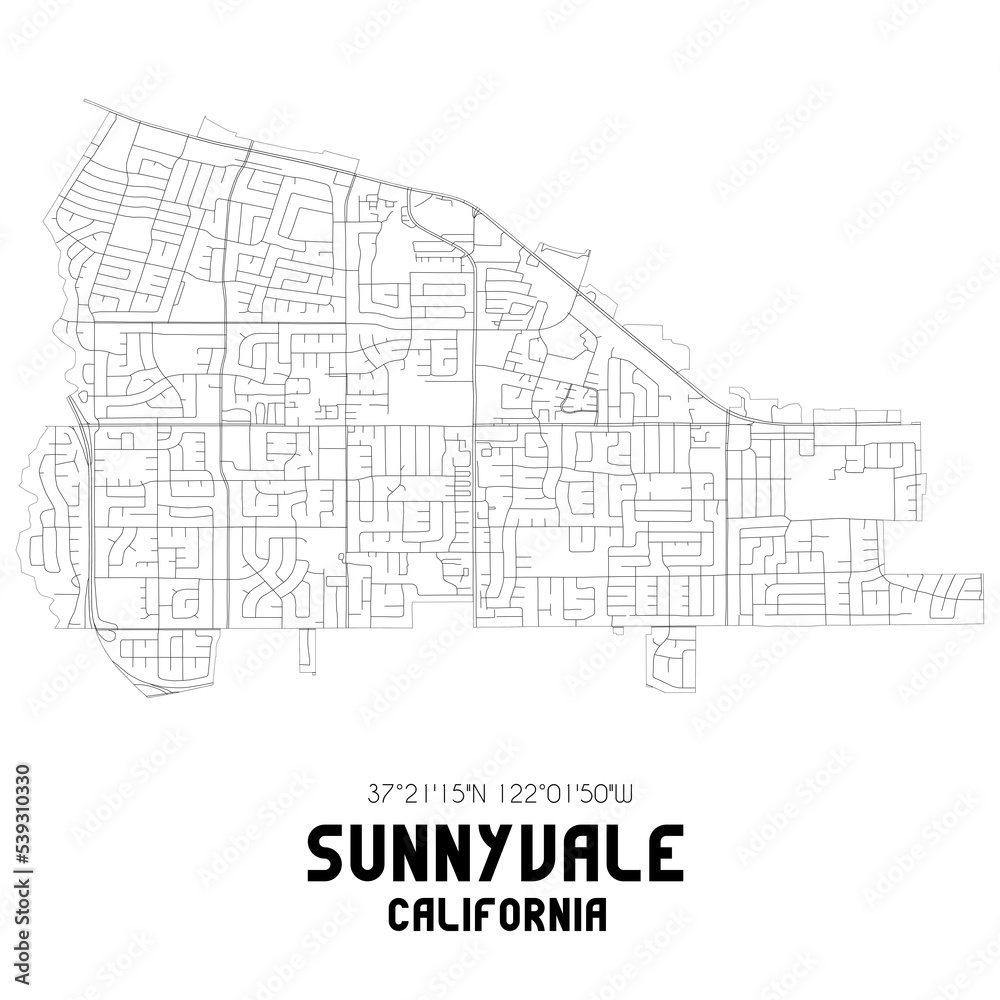Sunnyvale California. US street map with black and white lines.