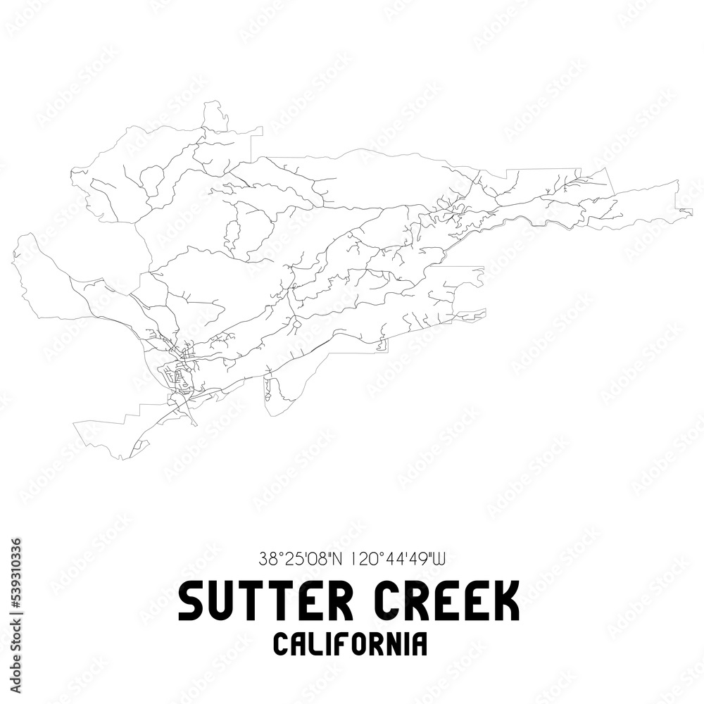 Sutter Creek California. US street map with black and white lines