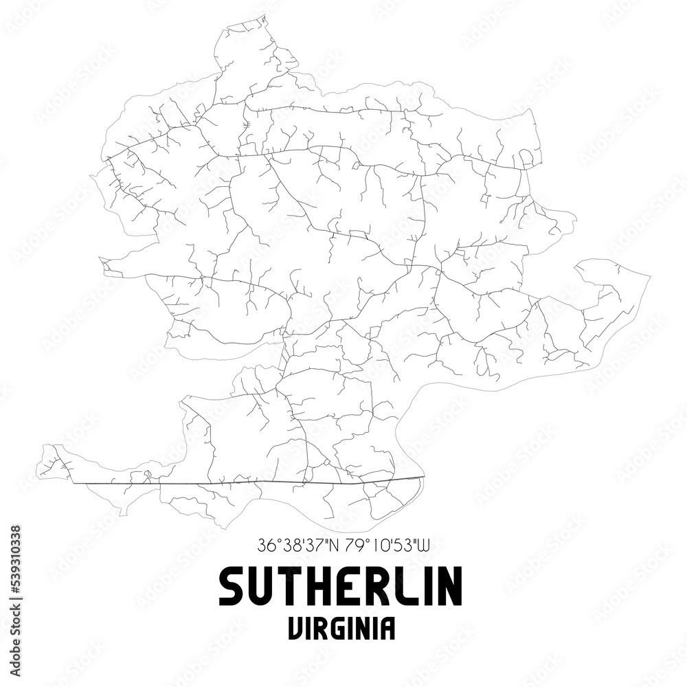 Sutherlin Virginia. US street map with black and white lines.