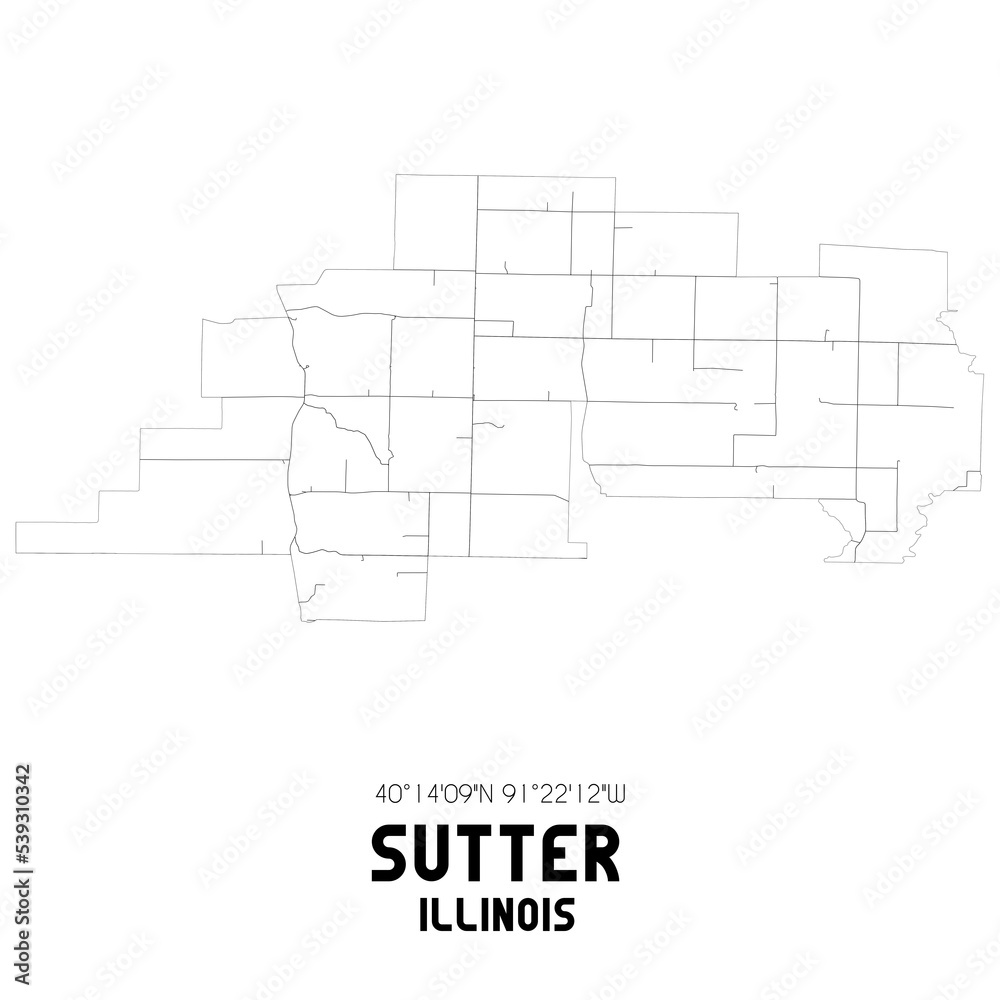 Sutter Illinois. US street map with black and white lines.