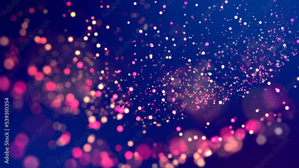 cloud of multicolored particles fly in air slowly or float in liquid like sparkles on dark blue background. Beautiful bokeh light effects with glowing particles. 3d render cloud of multicolored particles fly in air slowly or float in liquid like sparkles on dark blue background. Beautiful bokeh light effects with glowing particles. 3d render