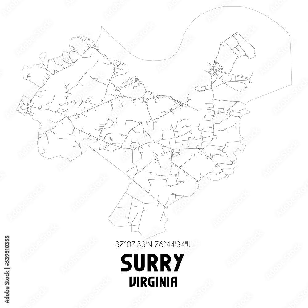 Surry Virginia. US street map with black and white lines.