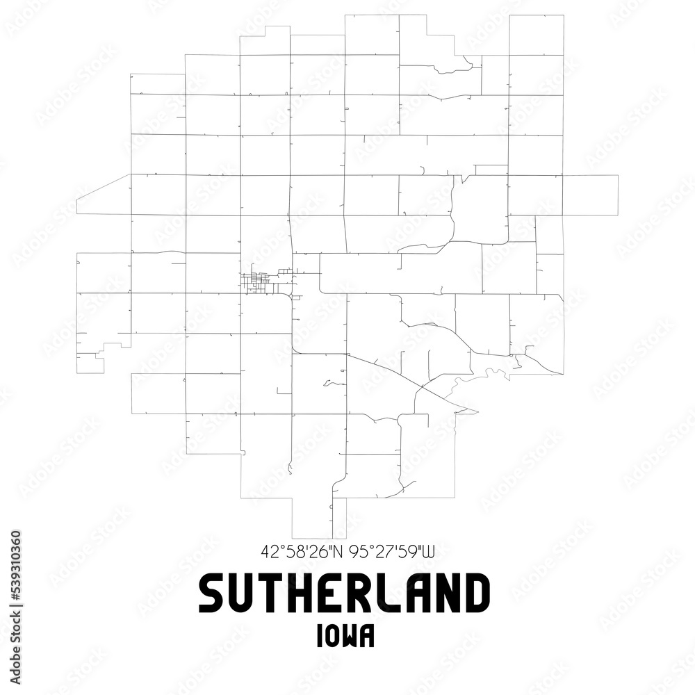 Sutherland Iowa. US street map with black and white lines.