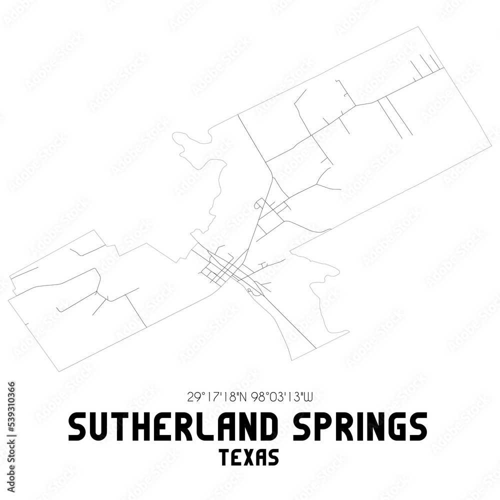Sutherland Springs Texas. US street map with black and white lines.