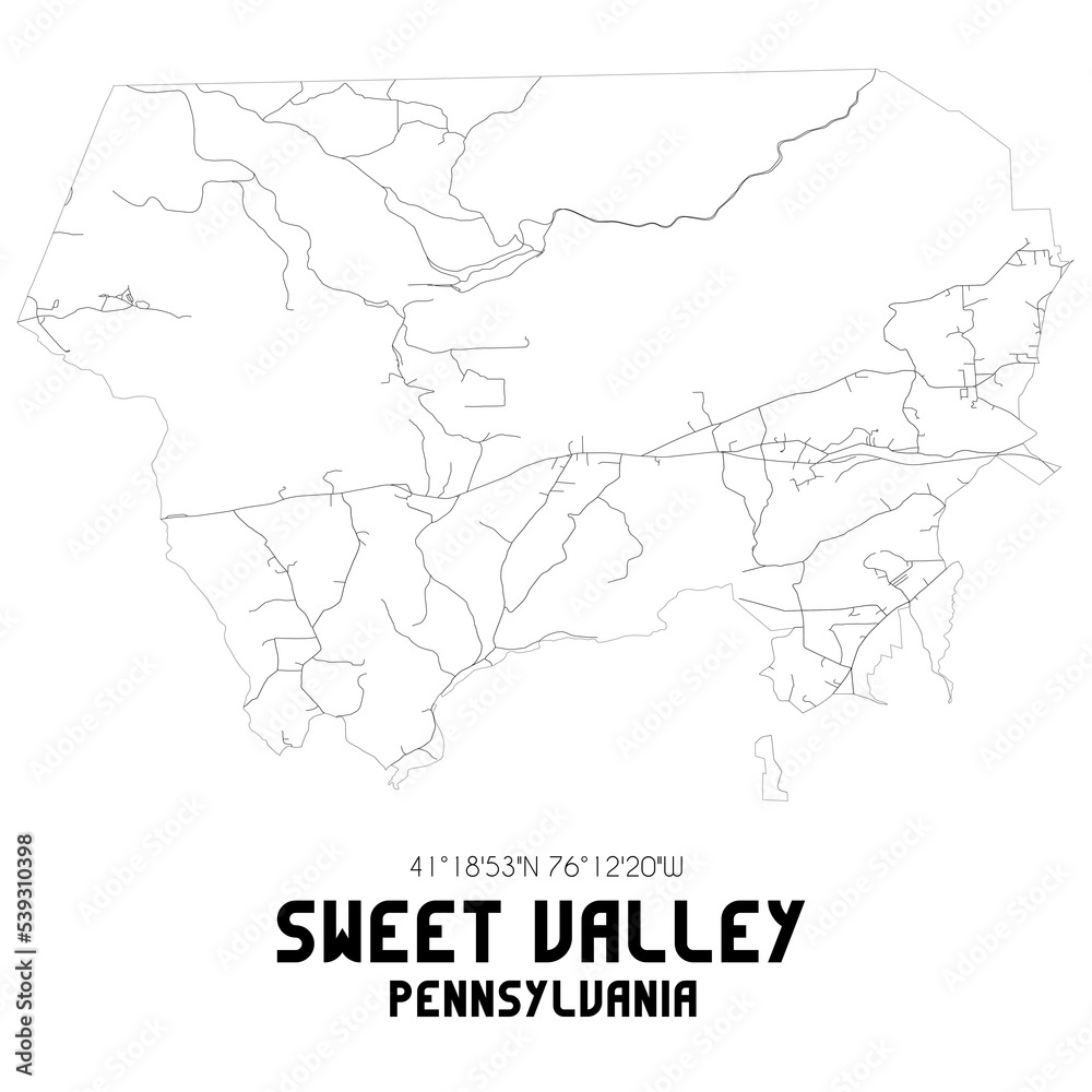 Sweet Valley Pennsylvania. US street map with black and white lines.