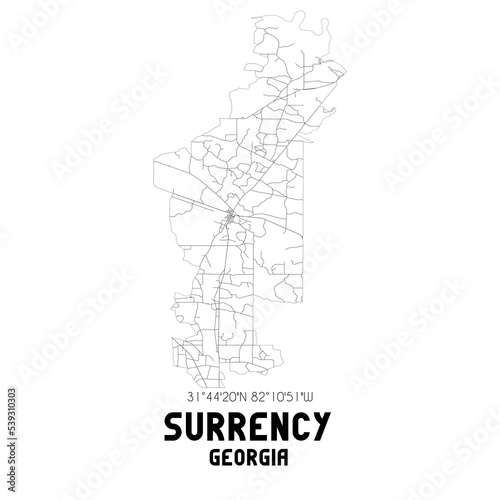 Surrency Georgia. US street map with black and white lines.