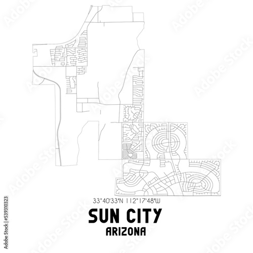 Sun City Arizona. US street map with black and white lines.