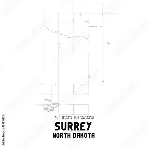 Surrey North Dakota. US street map with black and white lines.