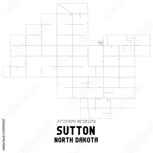 Sutton North Dakota. US street map with black and white lines.