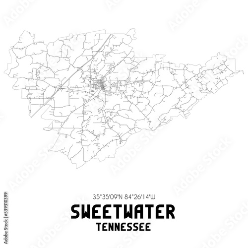 Sweetwater Tennessee. US street map with black and white lines.