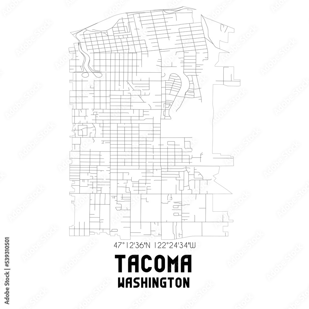 Tacoma Washington. US street map with black and white lines.