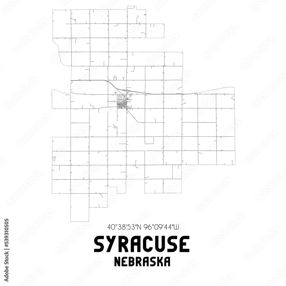 Syracuse Nebraska. US street map with black and white lines.