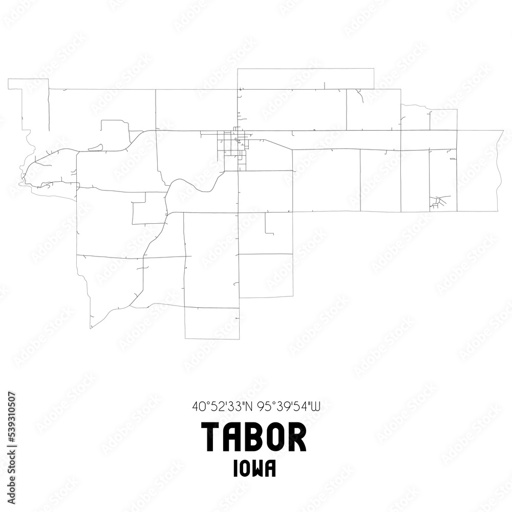 Tabor Iowa. US street map with black and white lines.