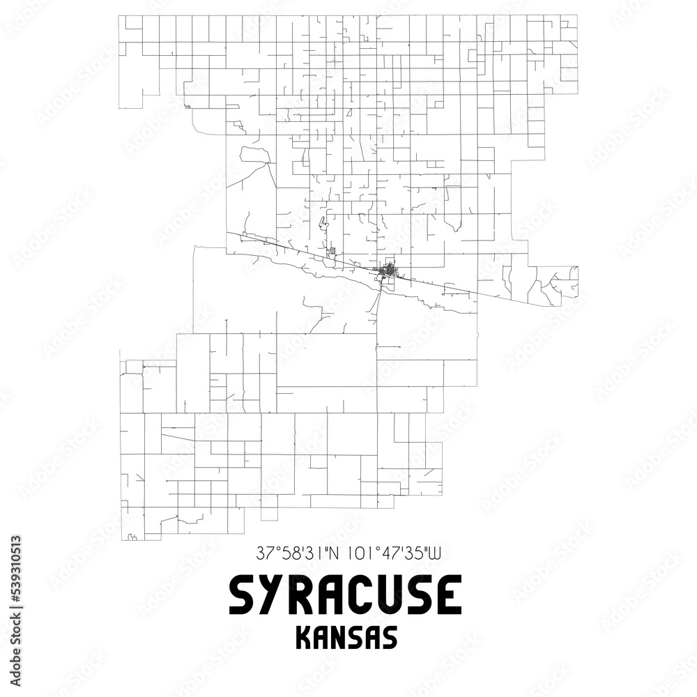 Syracuse Kansas. US street map with black and white lines.