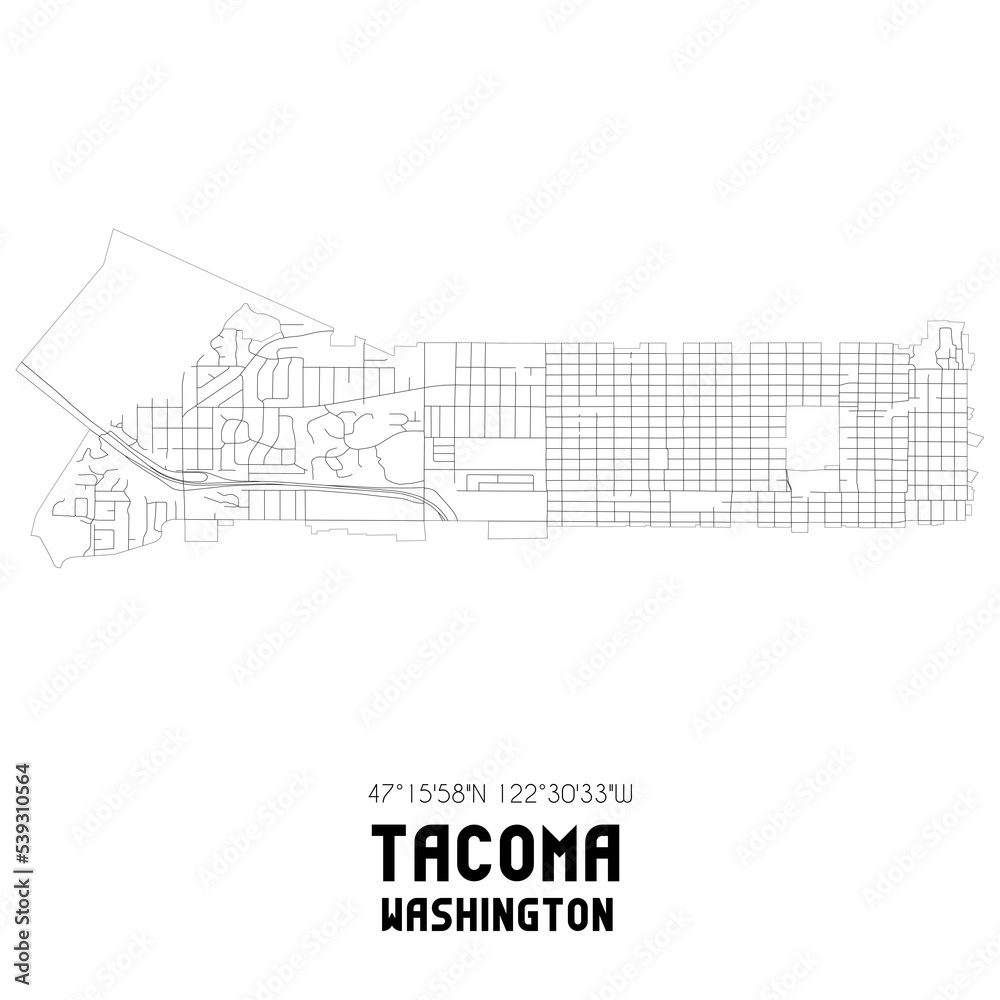 Tacoma Washington. US street map with black and white lines.