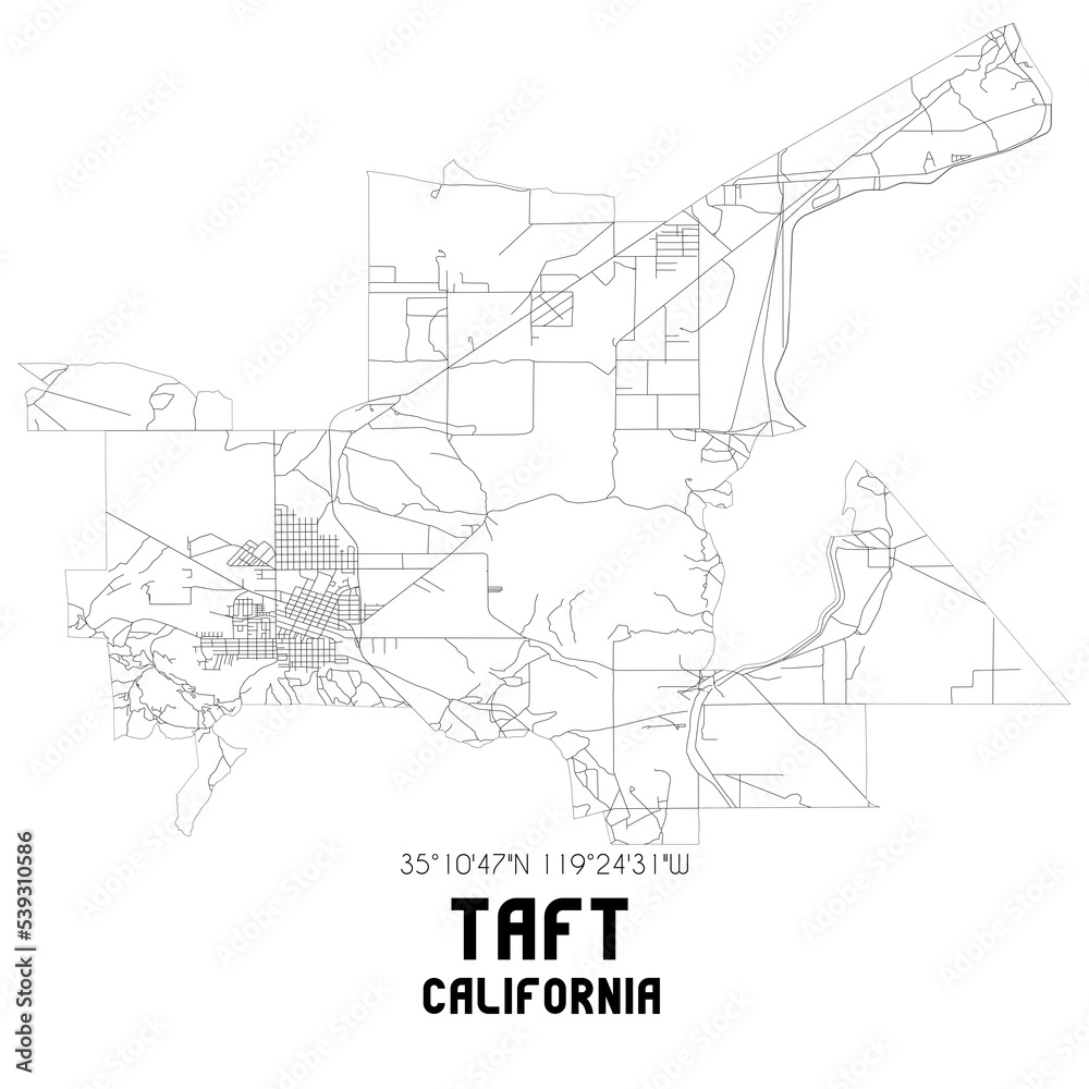 Taft California. US street map with black and white lines.