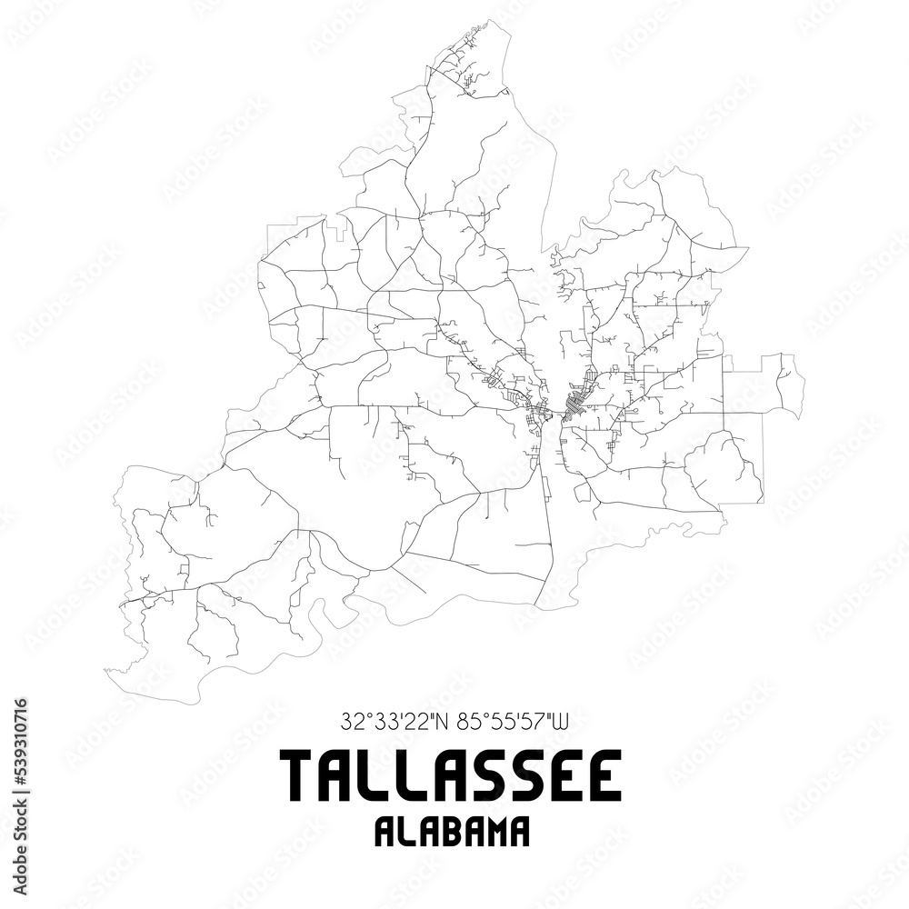 Tallassee Alabama. US street map with black and white lines.