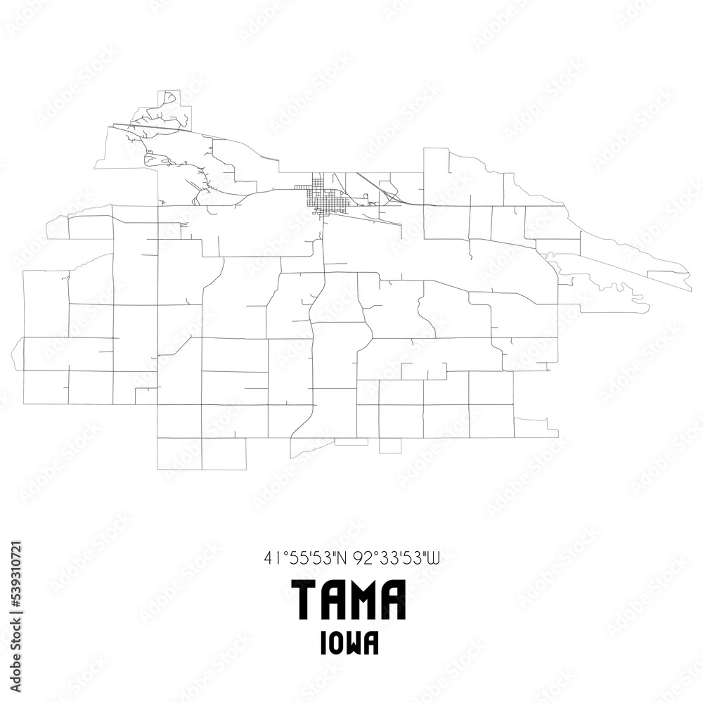 Tama Iowa. US street map with black and white lines.
