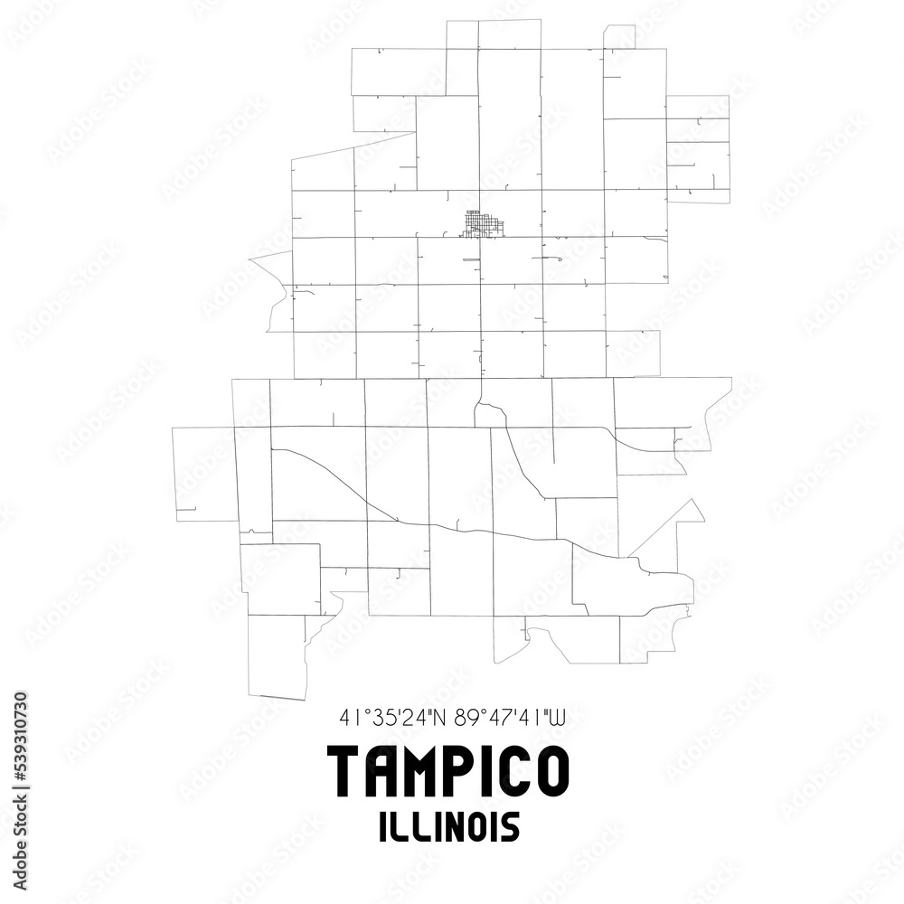 Tampico Illinois. US street map with black and white lines.