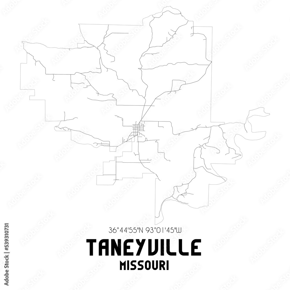 Taneyville Missouri. US street map with black and white lines.