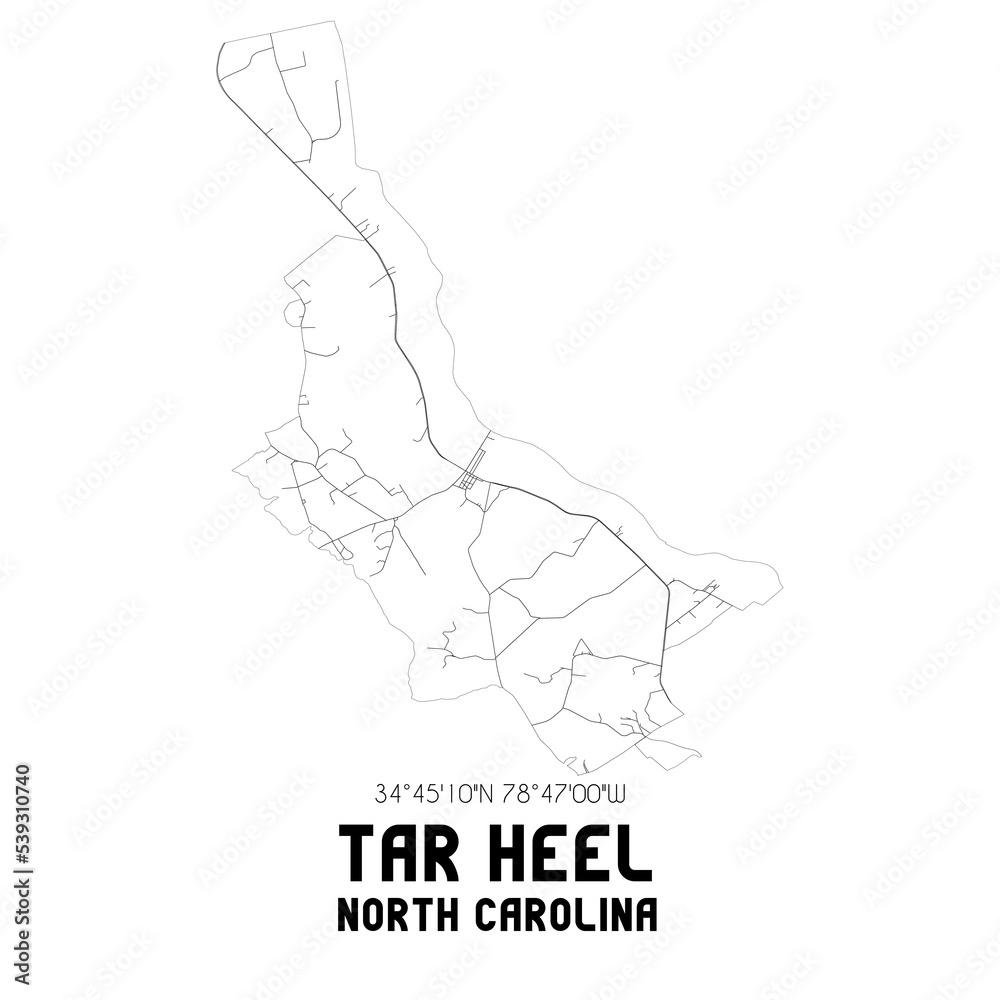 Tar Heel North Carolina. US street map with black and white lines.
