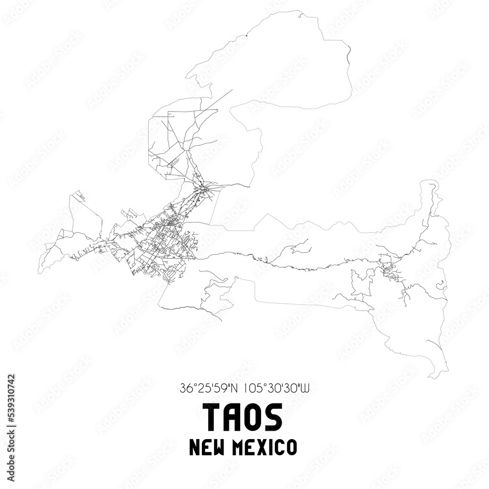 Taos New Mexico. US street map with black and white lines.