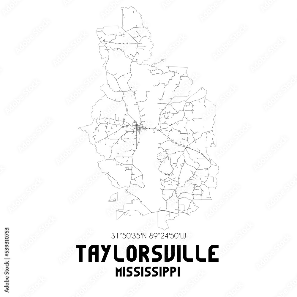 Taylorsville Mississippi. US street map with black and white lines.