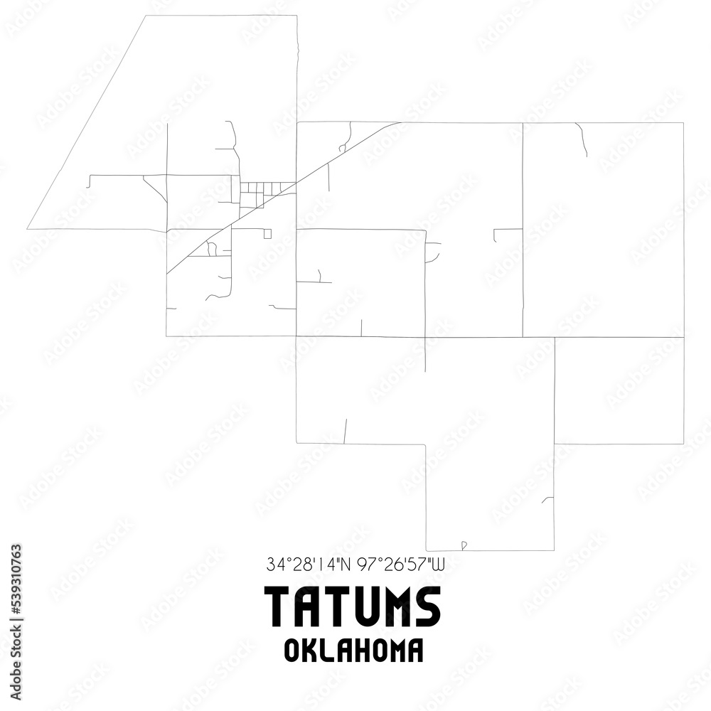 Tatums Oklahoma. US street map with black and white lines.