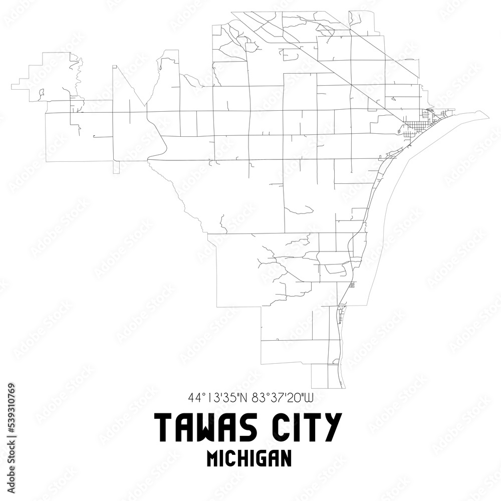 Tawas City Michigan. US street map with black and white lines.