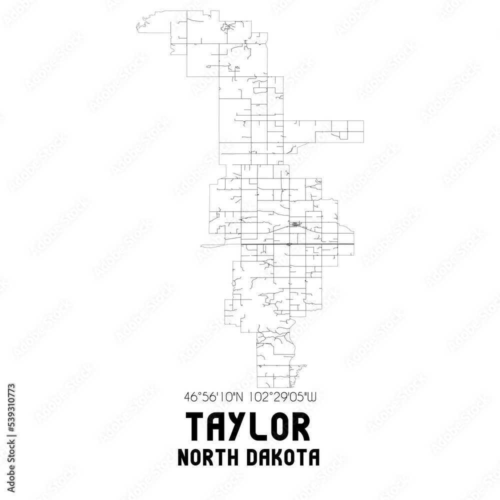 Taylor North Dakota. US street map with black and white lines.