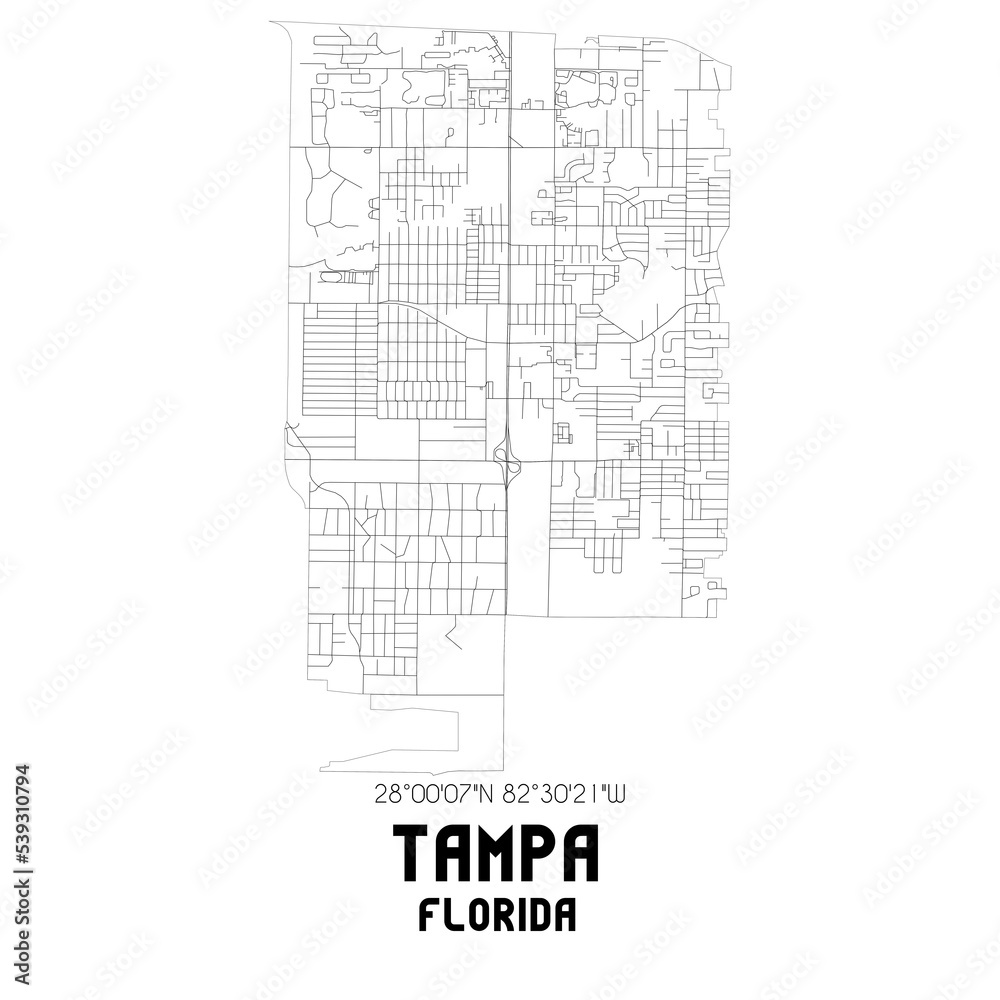Tampa Florida. US street map with black and white lines.