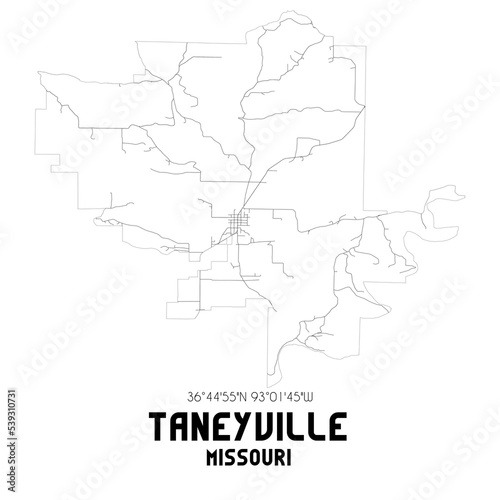 Taneyville Missouri. US street map with black and white lines.
