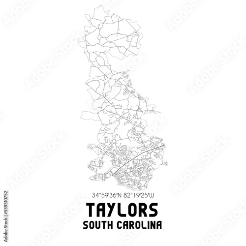 Taylors South Carolina. US street map with black and white lines.