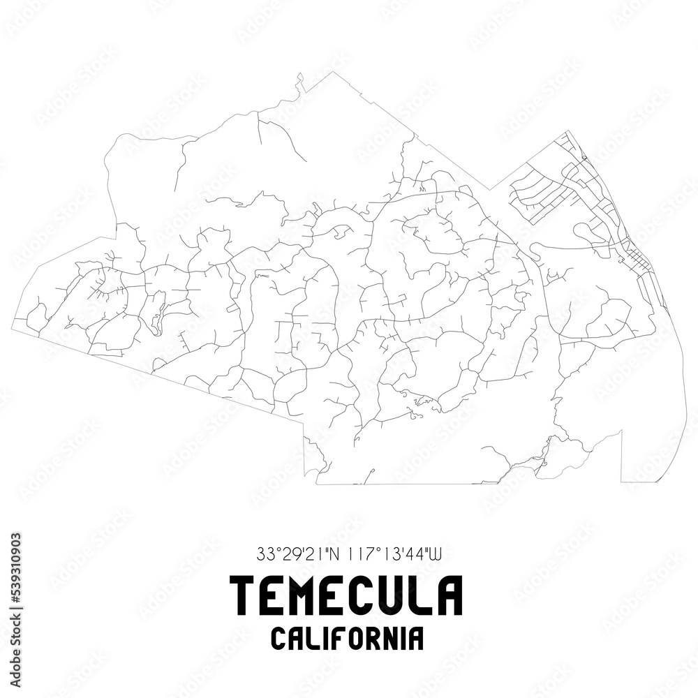 Temecula California. US street map with black and white lines.