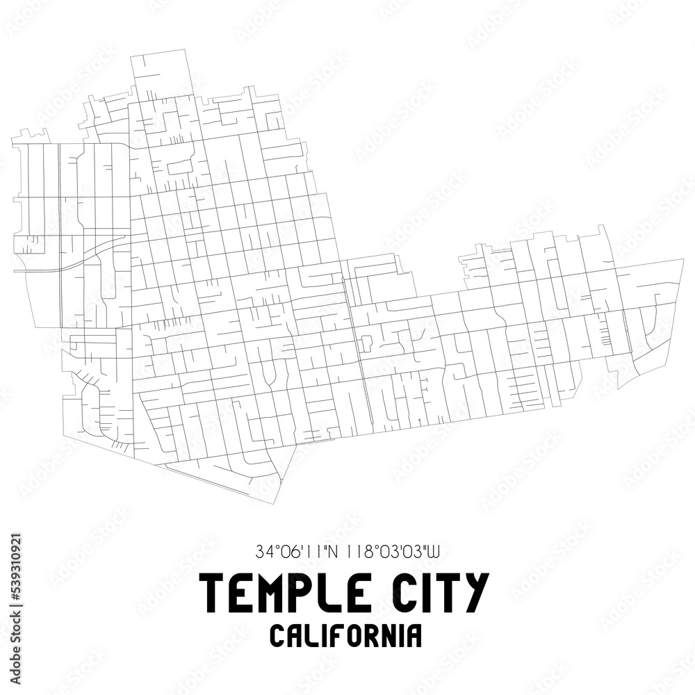 Temple City California. US street map with black and white lines.