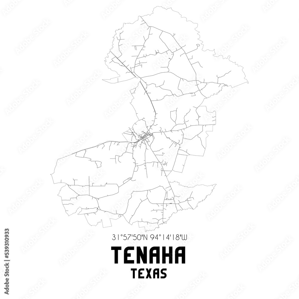 Tenaha Texas. US street map with black and white lines.