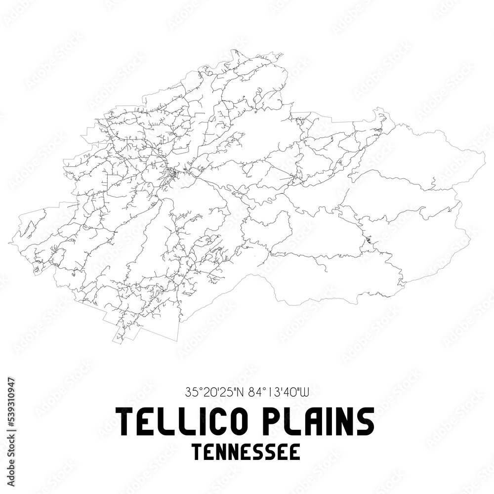 Tellico Plains Tennessee. US street map with black and white lines.