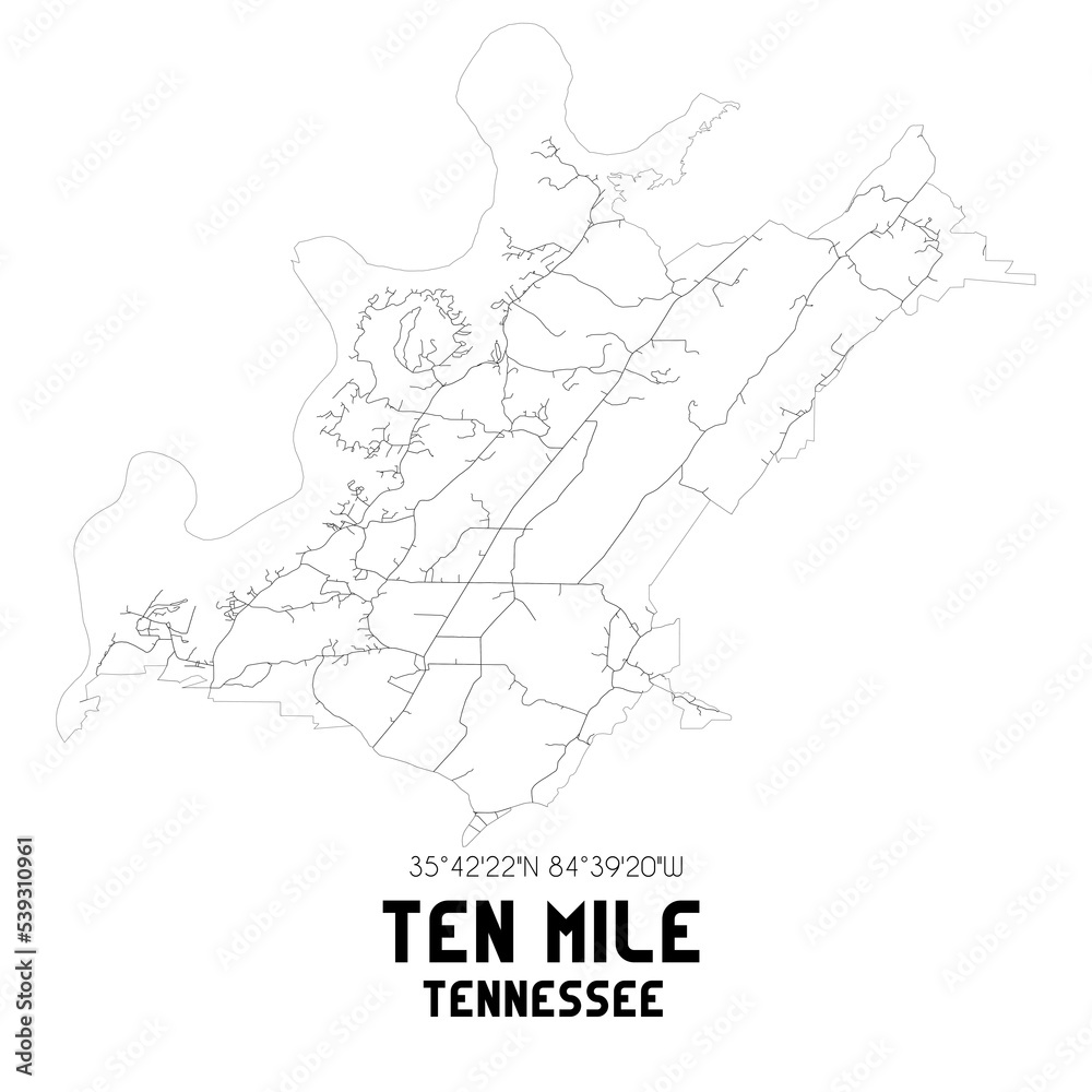 Ten Mile Tennessee. US street map with black and white lines.