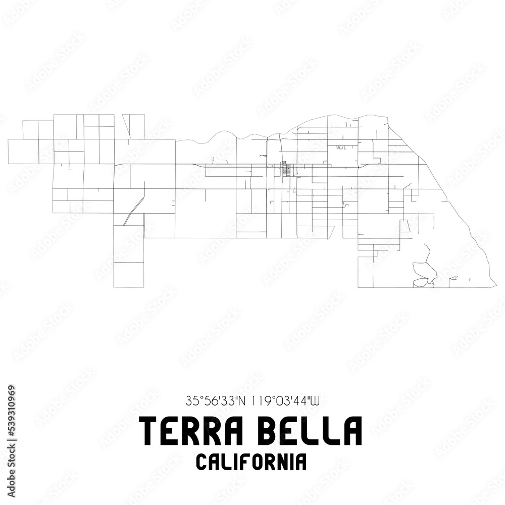 Terra Bella California. US street map with black and white lines.