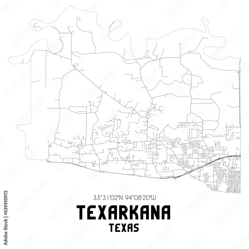 Texarkana Texas. US street map with black and white lines.