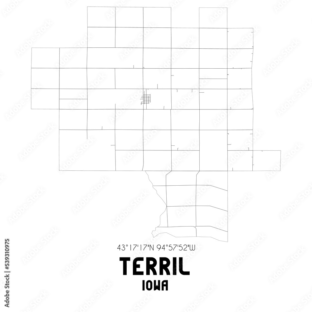 Terril Iowa. US street map with black and white lines. Terril Iowa. US street map with black and white lines.
