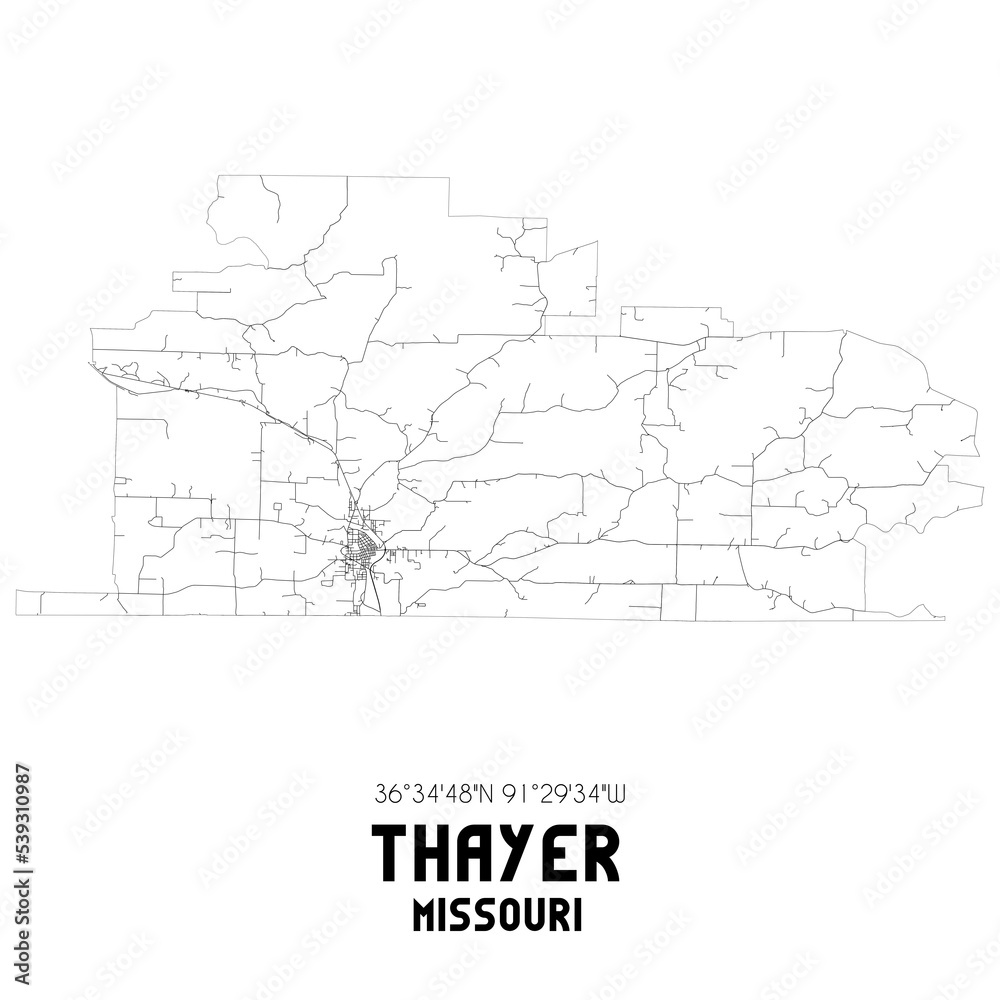Thayer Missouri. US street map with black and white lines.