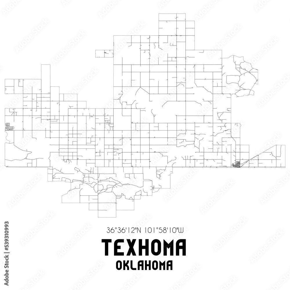 Texhoma Oklahoma. US street map with black and white lines.