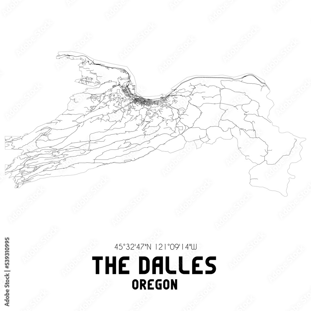 The Dalles Oregon. US street map with black and white lines. Stock
