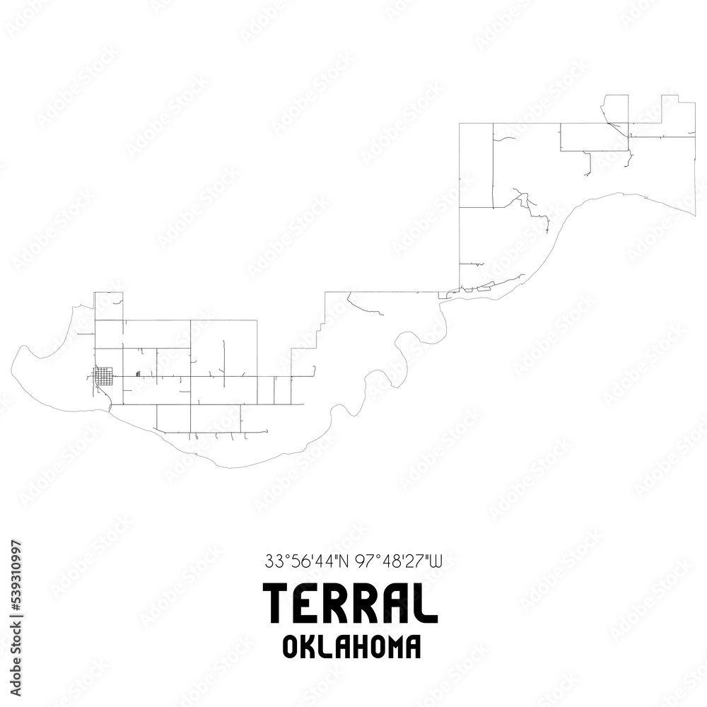 Terral Oklahoma. US street map with black and white lines.