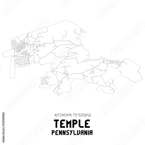 Temple Pennsylvania. US street map with black and white lines.