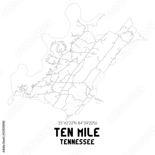 Ten Mile Tennessee. US street map with black and white lines.