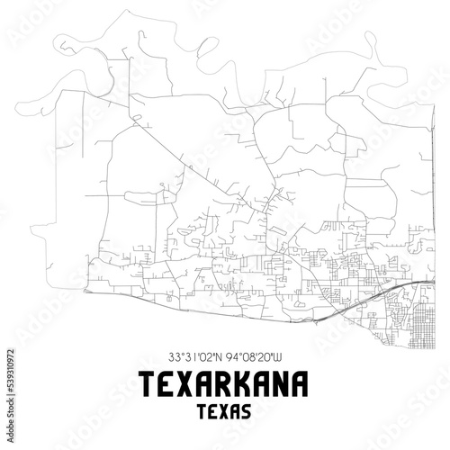 Texarkana Texas. US street map with black and white lines.